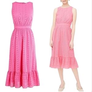 J.Crew Pink Eyelet Midi Dress Size 6 Cotton Sleeveless Tiered Hem NWOT